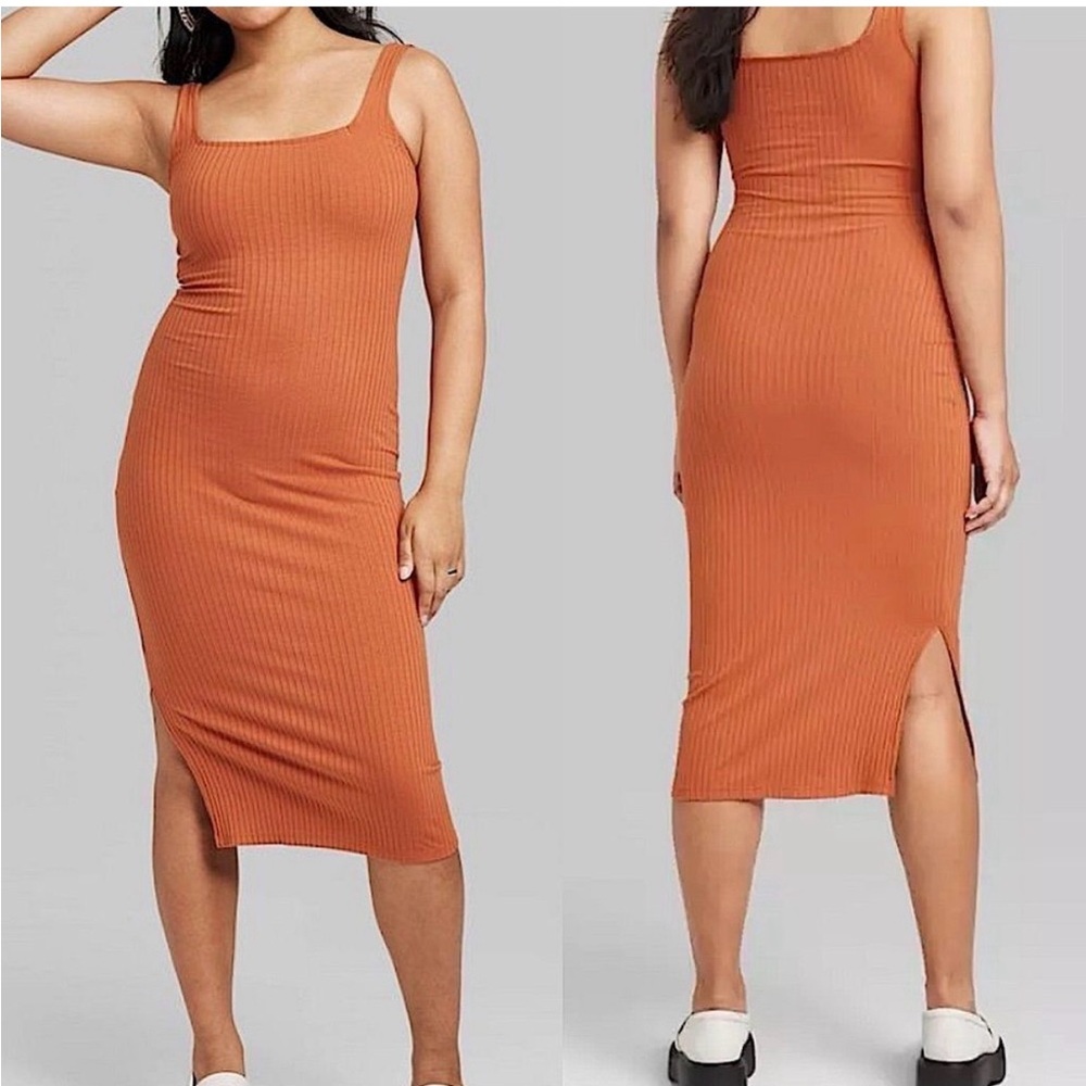 wild fable Ribbed Square-Neck Midi Dress - Rust
